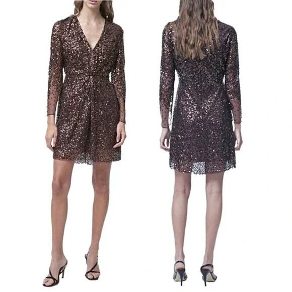French Connection NWT Emille Sparkle Sequin Sheath Dress Bronze Brown, Size 0 - Picture 1 of 13